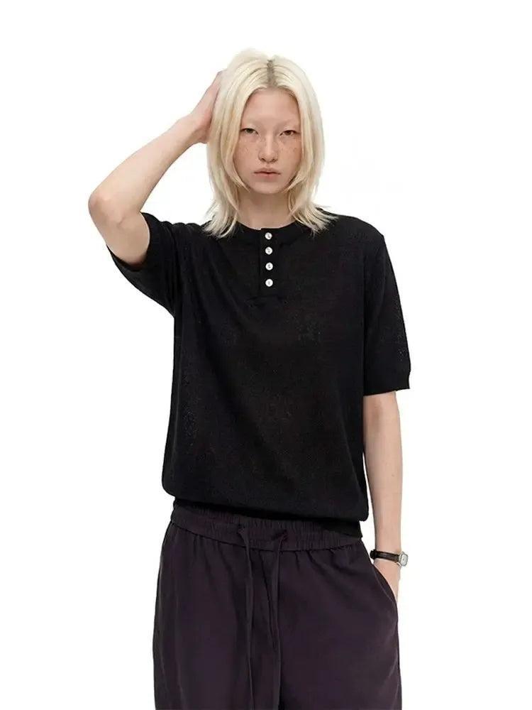 Breathable Knit Henley T-Shirt