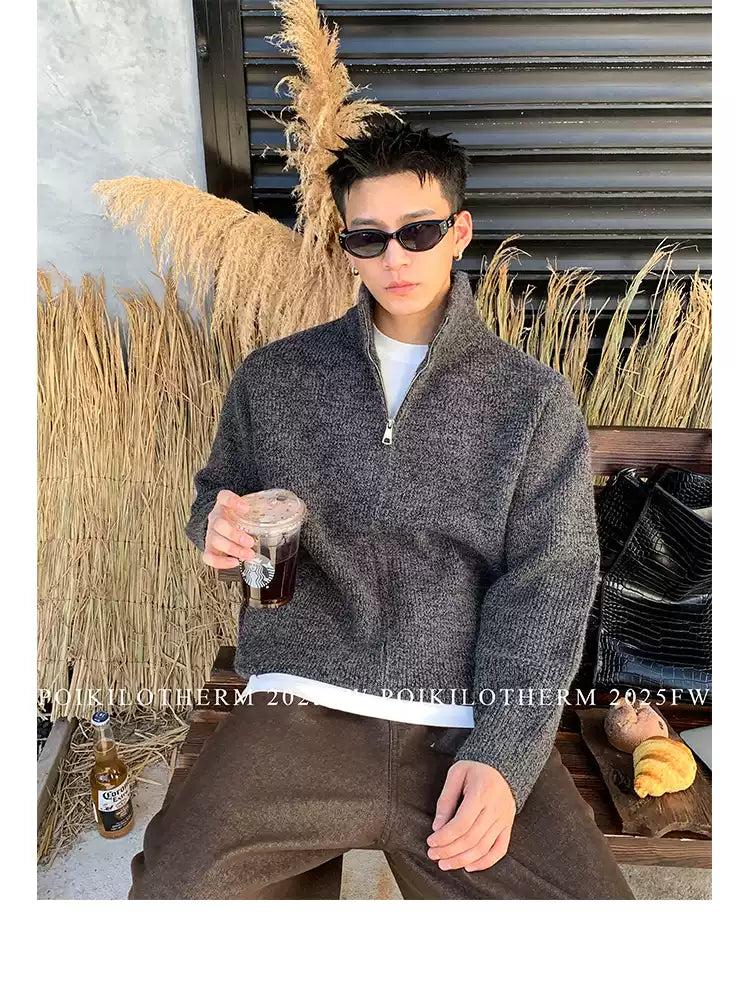 Stand Collar Textured Knit Jacket
