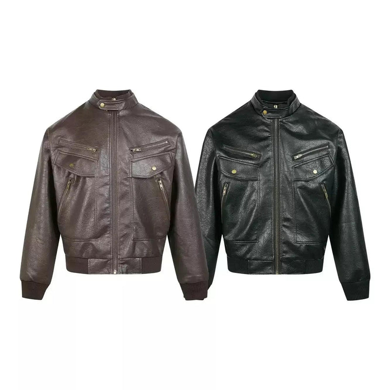 Multiple Zips Textured PU Leather Jacket