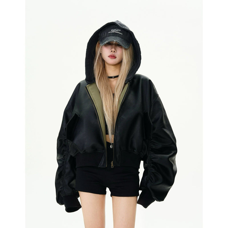 Removable Hood Reversible PU Leather Jacket