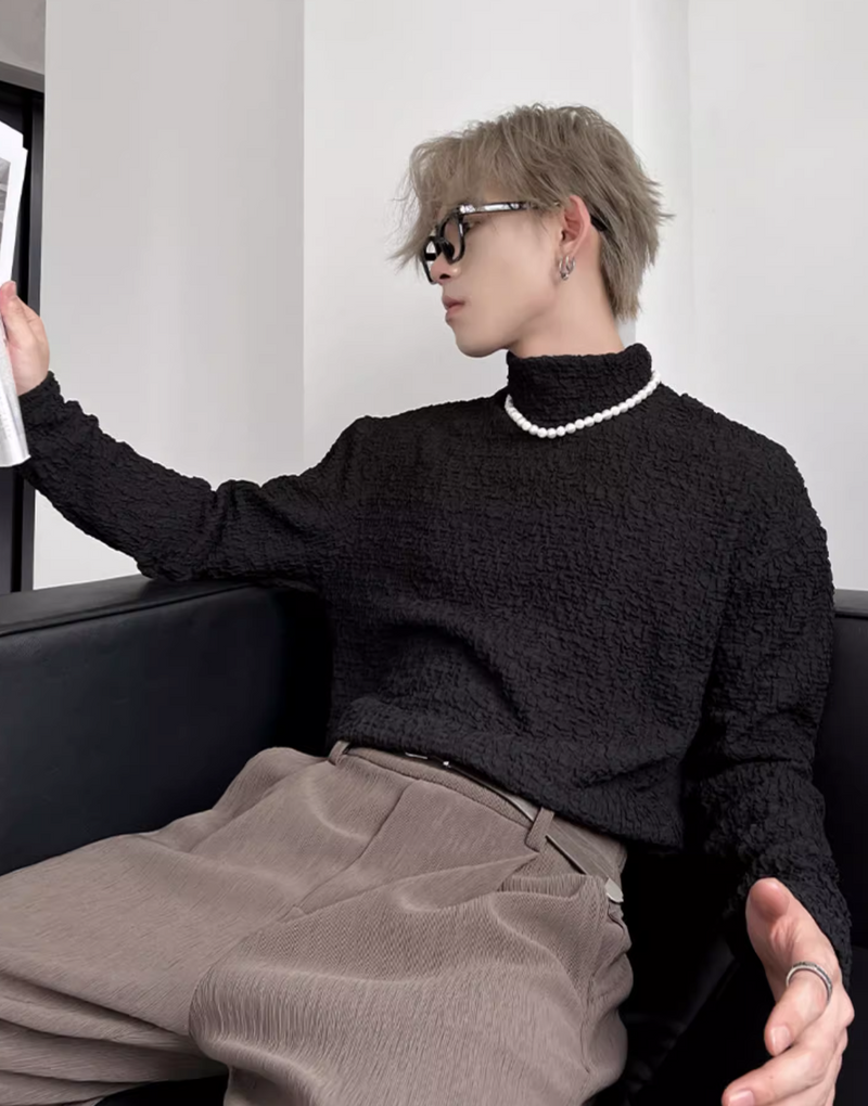 Pleated Textured Turtleneck T-Shirt