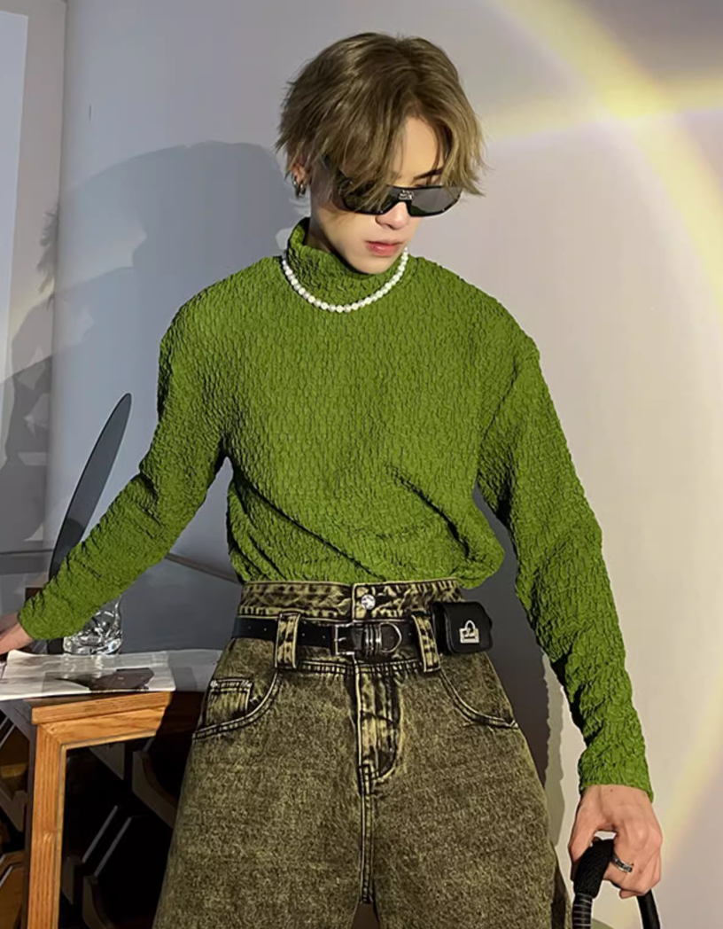 Pleated Textured Turtleneck T-Shirt