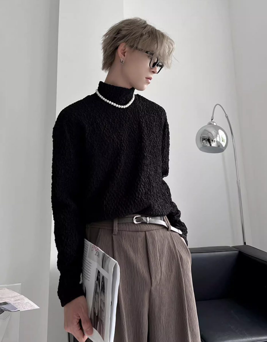 Pleated Textured Turtleneck T-Shirt