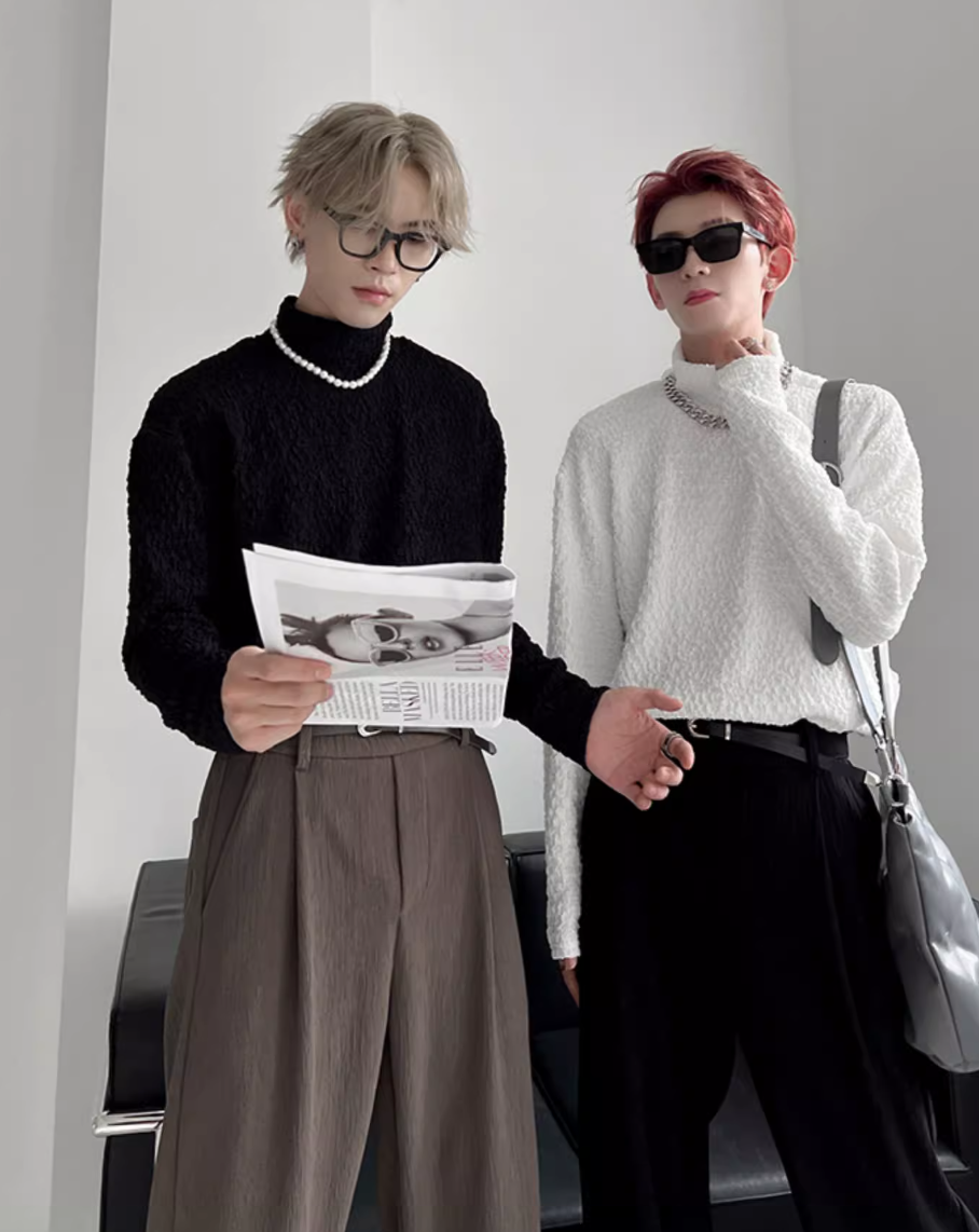 Pleated Textured Turtleneck T-Shirt