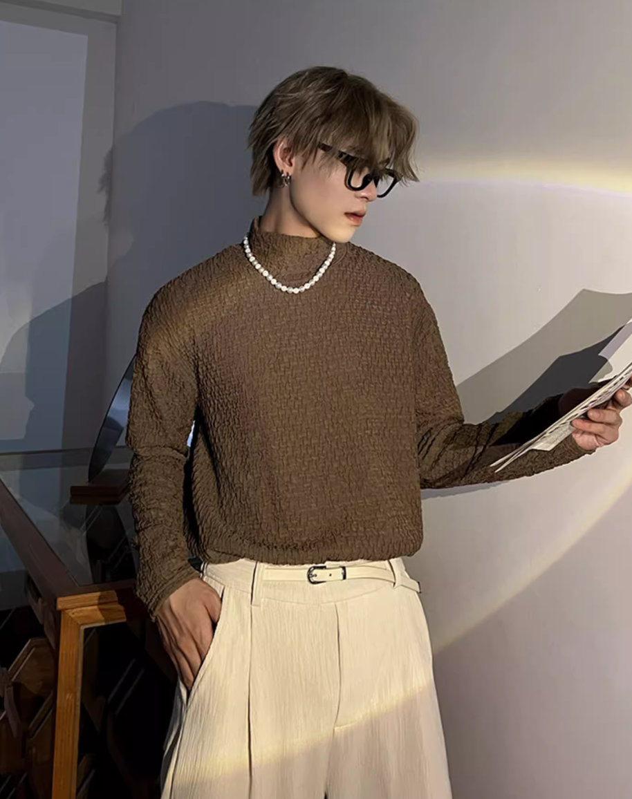 Pleated Textured Turtleneck T-Shirt