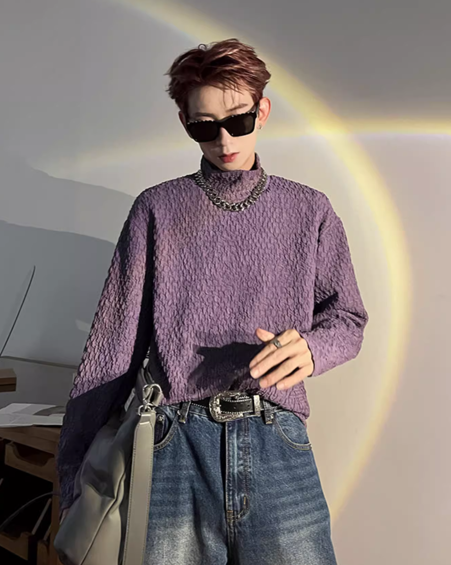 Pleated Textured Turtleneck T-Shirt