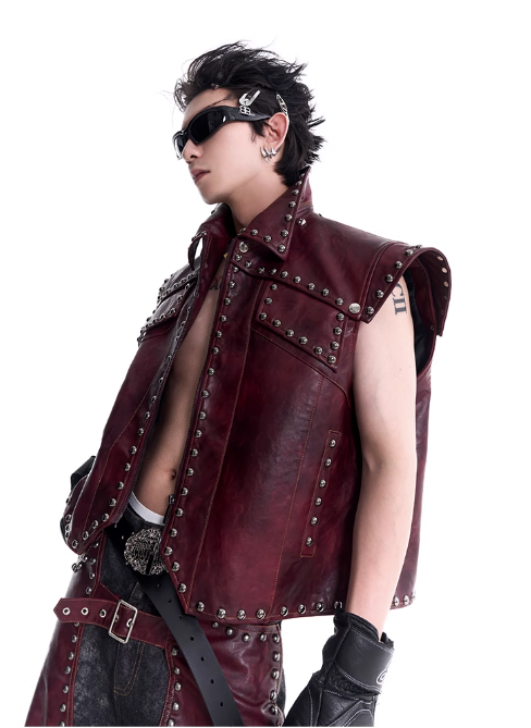 Structured Metal Rivet PU Leather Vest & Spliced Pants Set