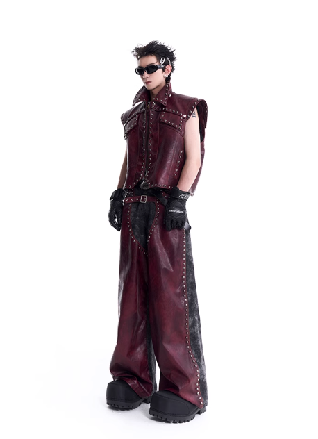 Structured Metal Rivet PU Leather Vest & Spliced Pants Set