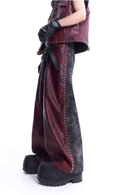 Structured Metal Rivet PU Leather Vest & Spliced Pants Set