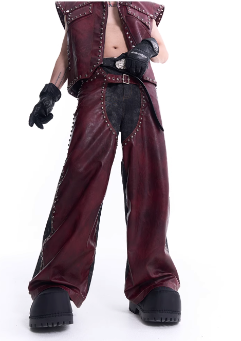 Structured Metal Rivet PU Leather Vest & Spliced Pants Set