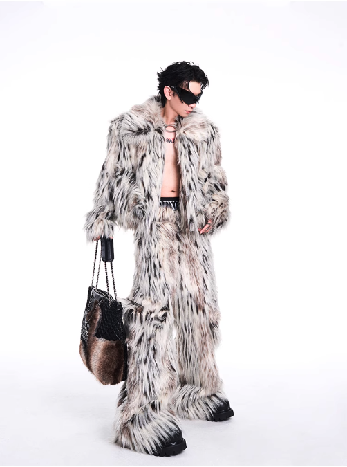 Furry Leopard Jacket & Side Pocket Pants Set