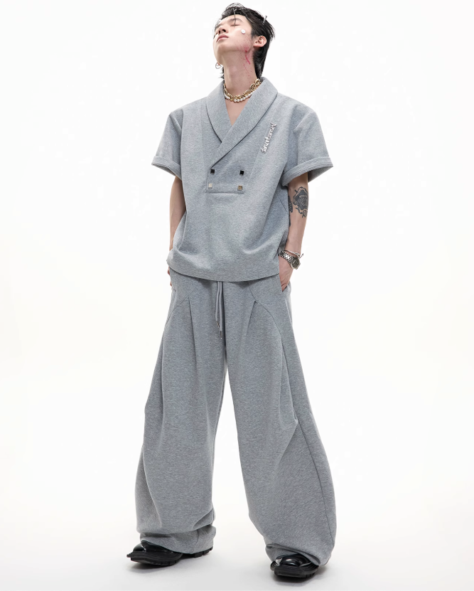 Metal Embellished Shoulder Pad T-Shirt & Pleated Sweatpants Set