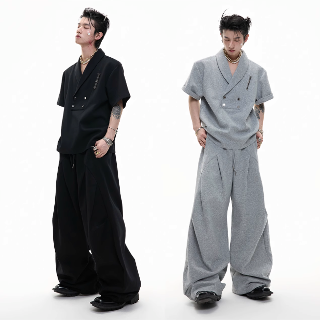 Metal Embellished Shoulder Pad T-Shirt & Pleated Sweatpants Set