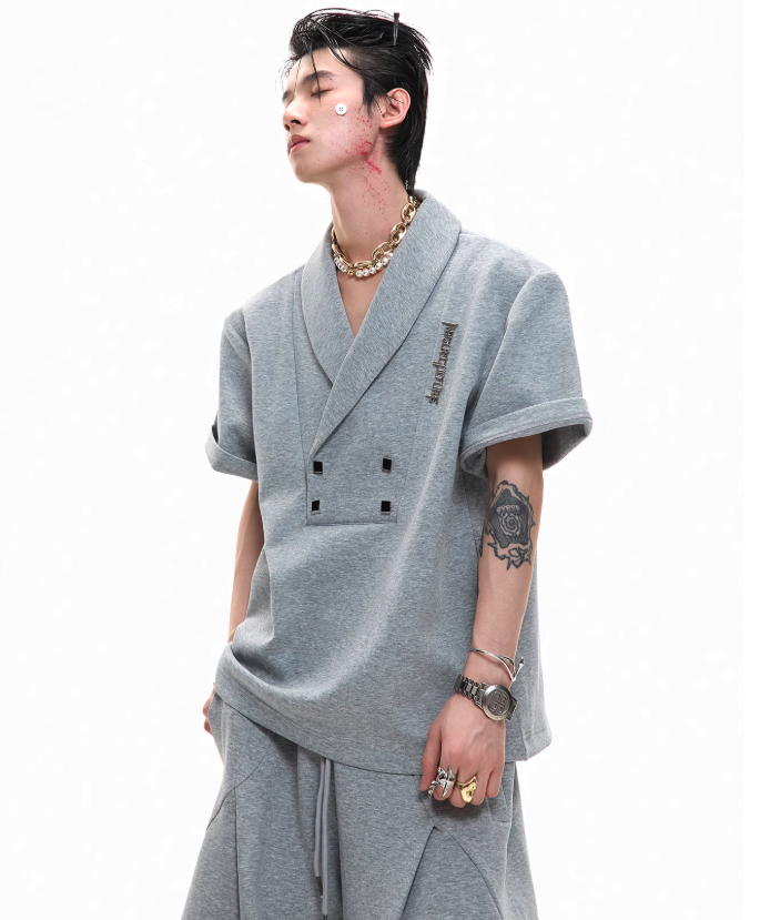 Metal Embellished Shoulder Pad T-Shirt & Pleated Sweatpants Set