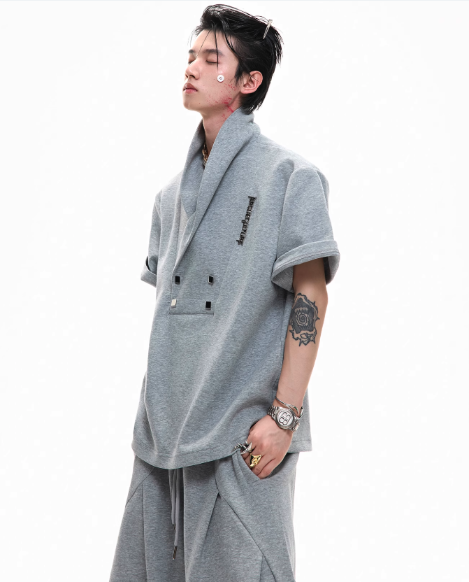 Metal Embellished Shoulder Pad T-Shirt & Pleated Sweatpants Set