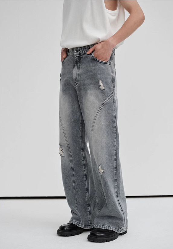 Irregular Distressed Spots Faded Straight Jeans