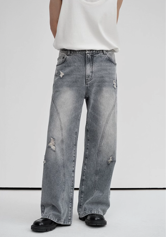Irregular Distressed Spots Faded Straight Jeans
