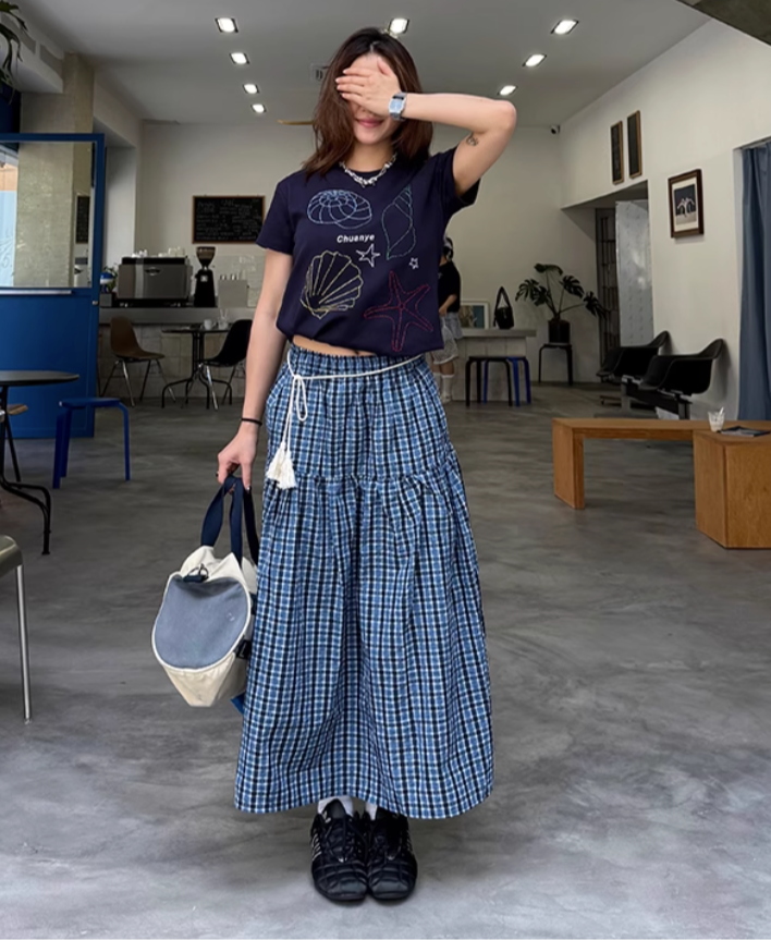 Spliced Plaid Long Skirt