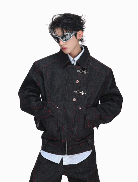 Contrast Outlined Fireman Clasp Denim Jacket