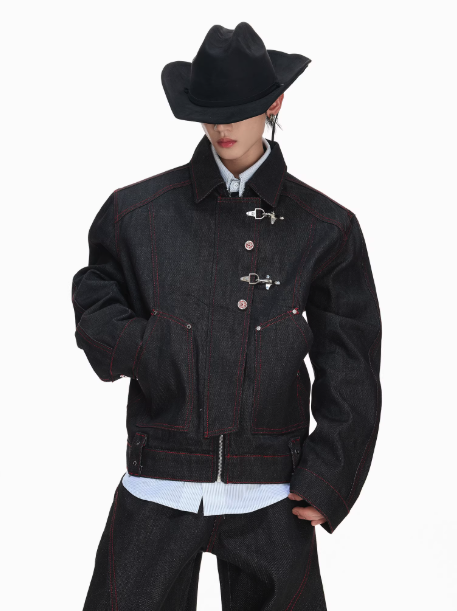 Contrast Outlined Fireman Clasp Denim Jacket