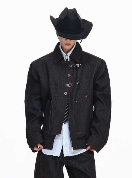 Contrast Outlined Fireman Clasp Denim Jacket