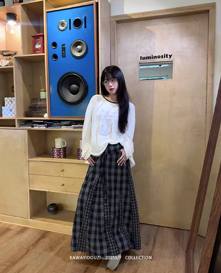 Spliced Plaid and Checker Long Skirt