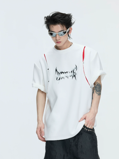 Metallic Print Logo Contrast Spliced T-Shirt