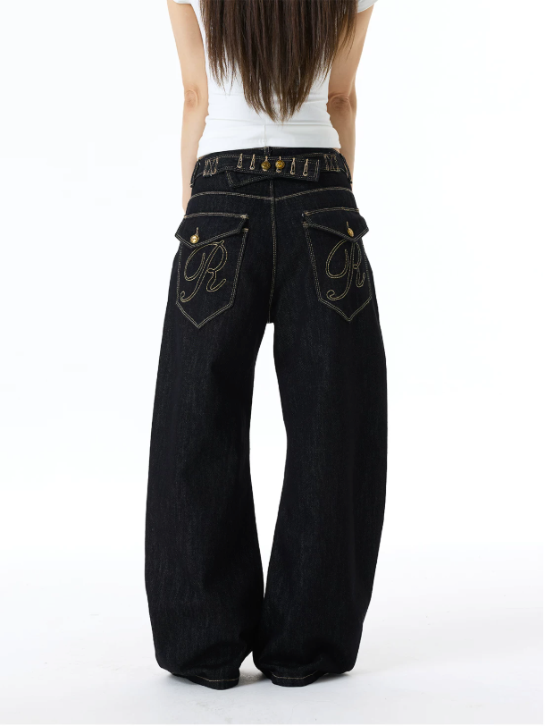 Back Strapped Embroidered Pockets Jeans