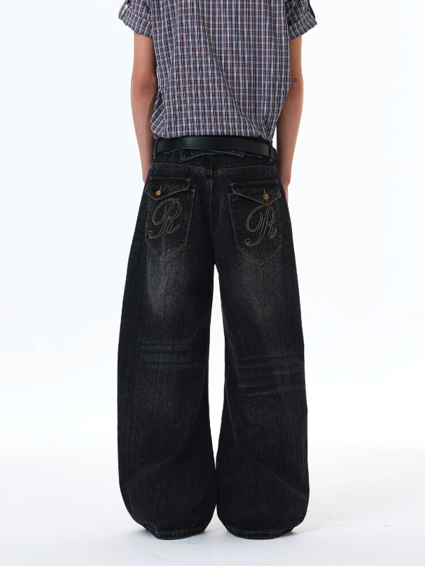 Back Strapped Embroidered Pockets Jeans