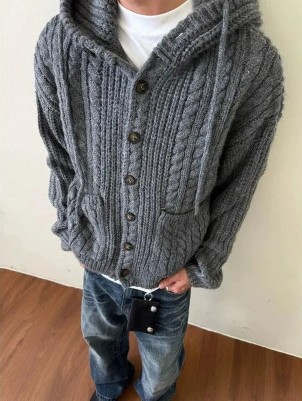 Twisted Knit Hooded Buttoned Sweater