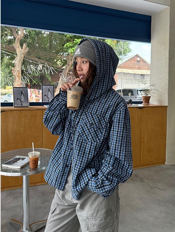 Plaid Pocket Buttoned Hoodie