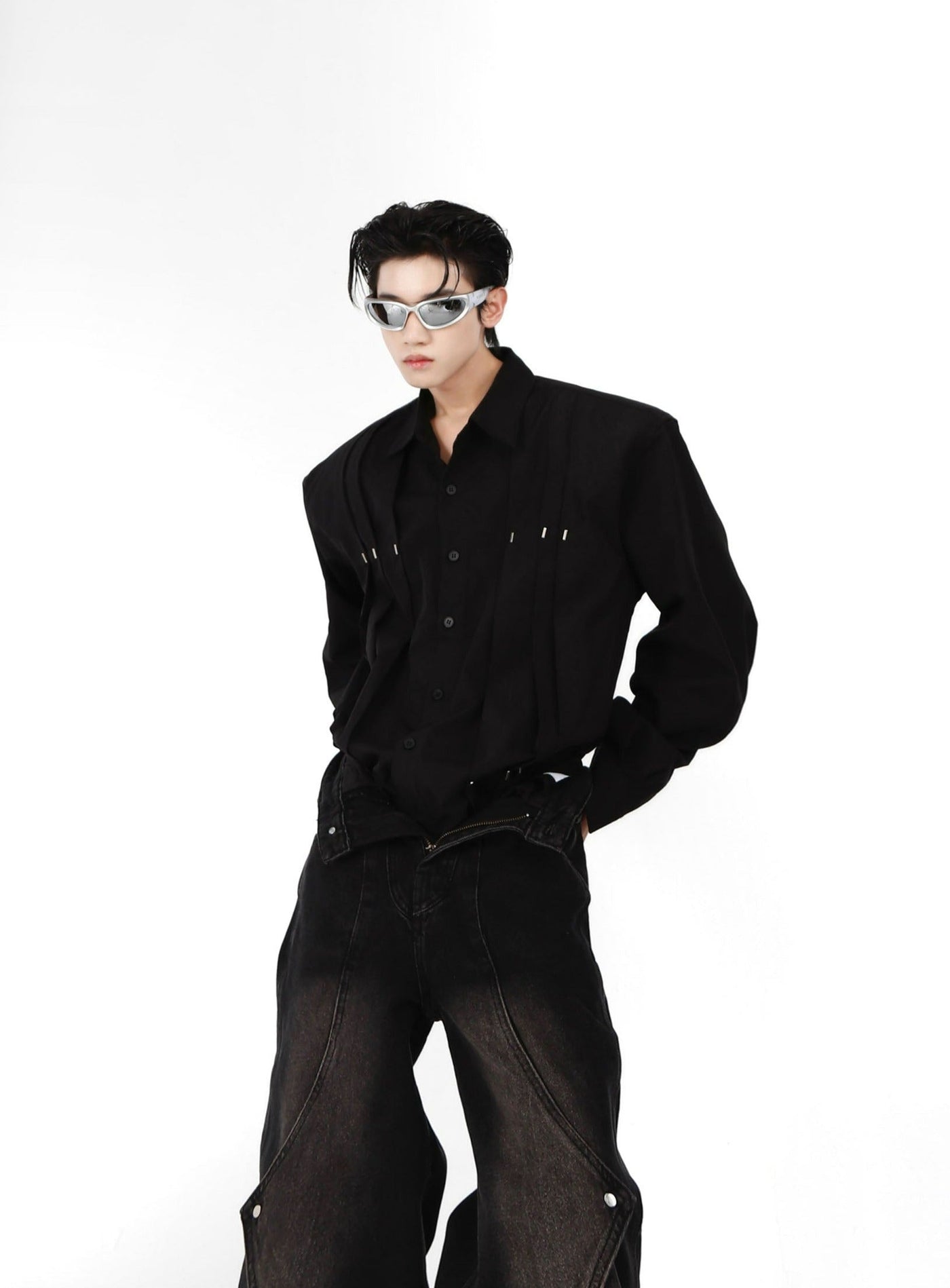 Metal Pleated Long Sleeve Shirt