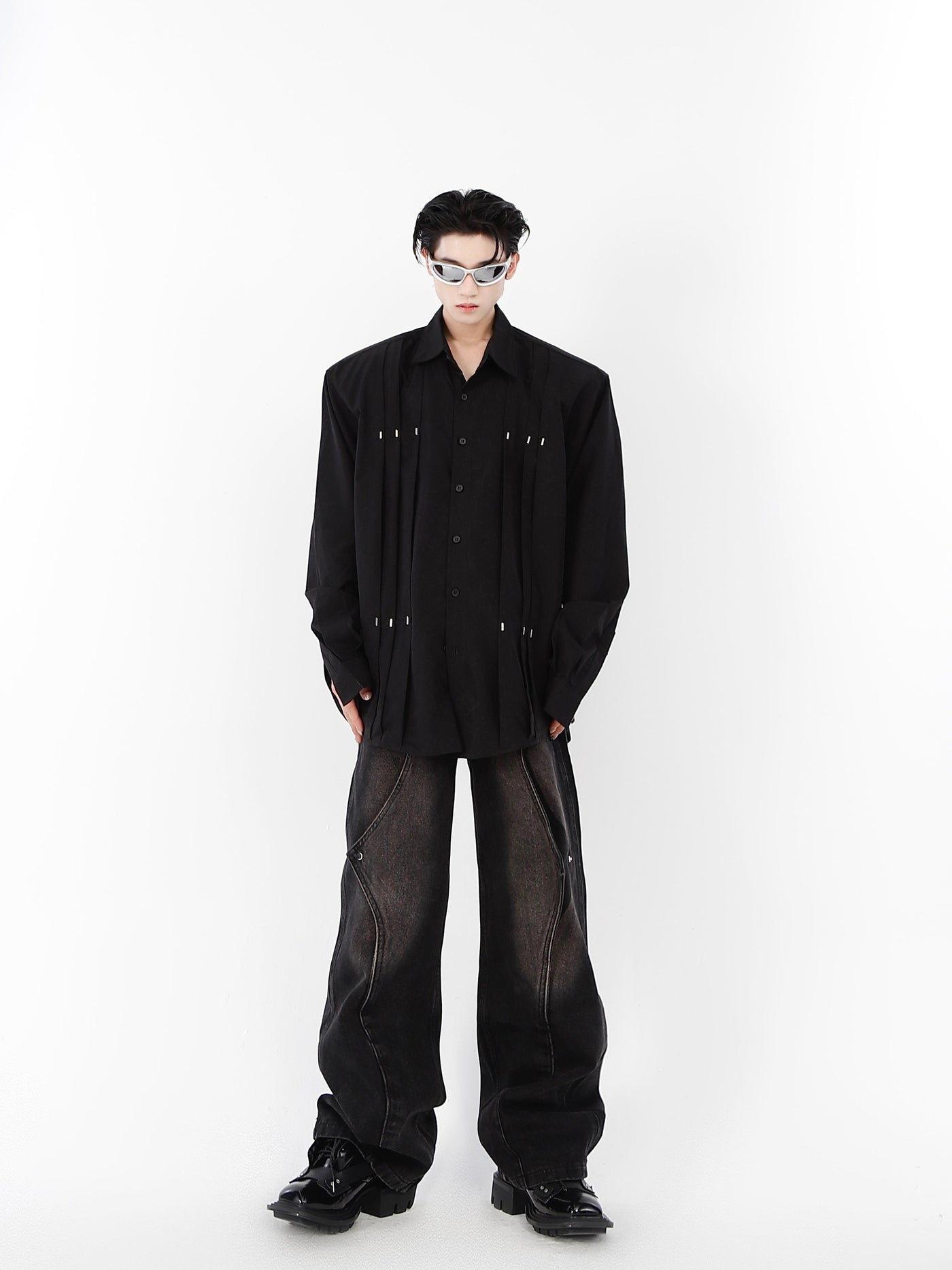 Metal Pleated Long Sleeve Shirt