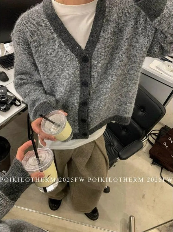 Contrast Fuzzy Knit V-Neck Cardigan