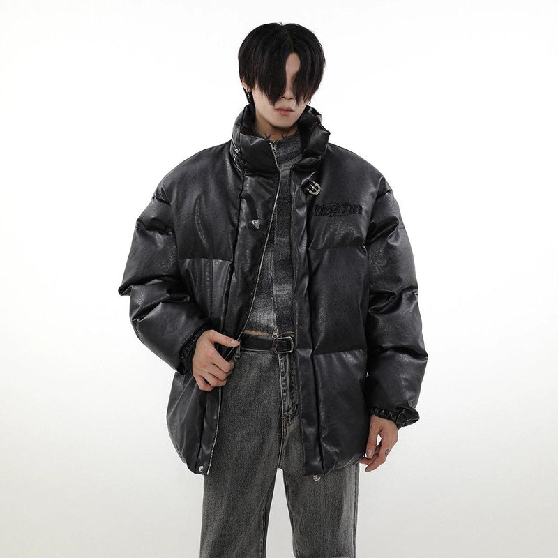 Stand Collar Puff PU Leather Jacket