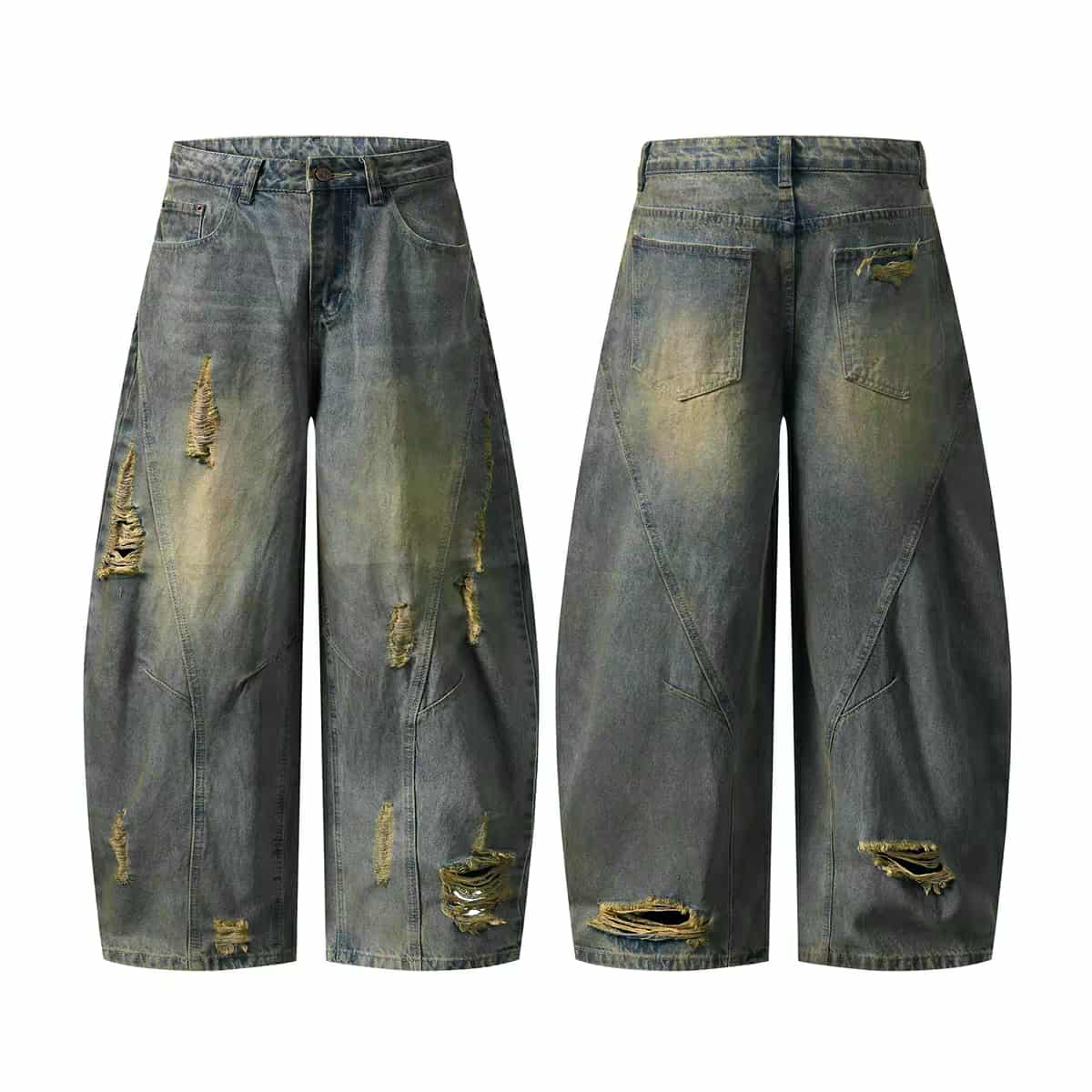 Muddy Washed Distressed Barrel Jeans
