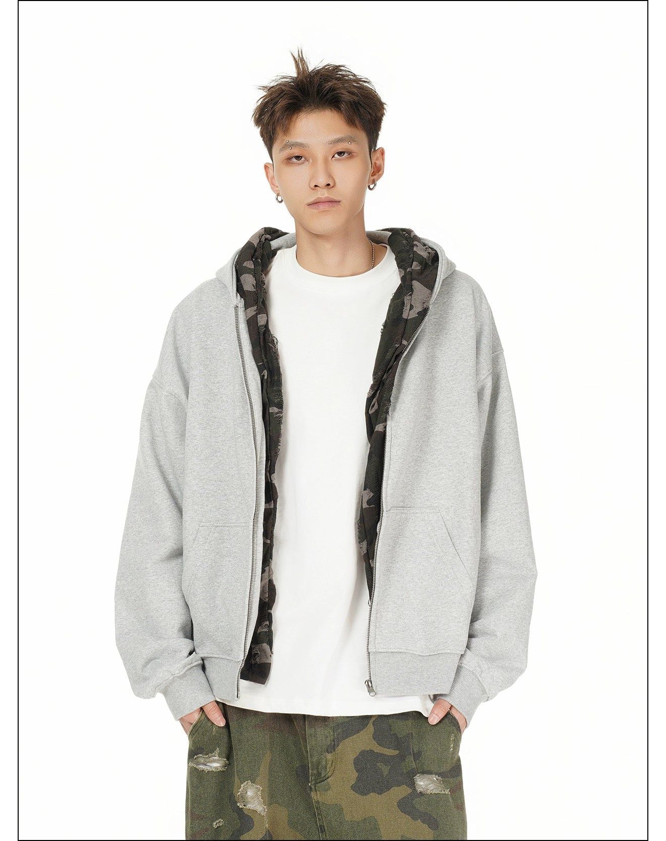 Camouflage Tie-Strap Zip-Up Hoodie