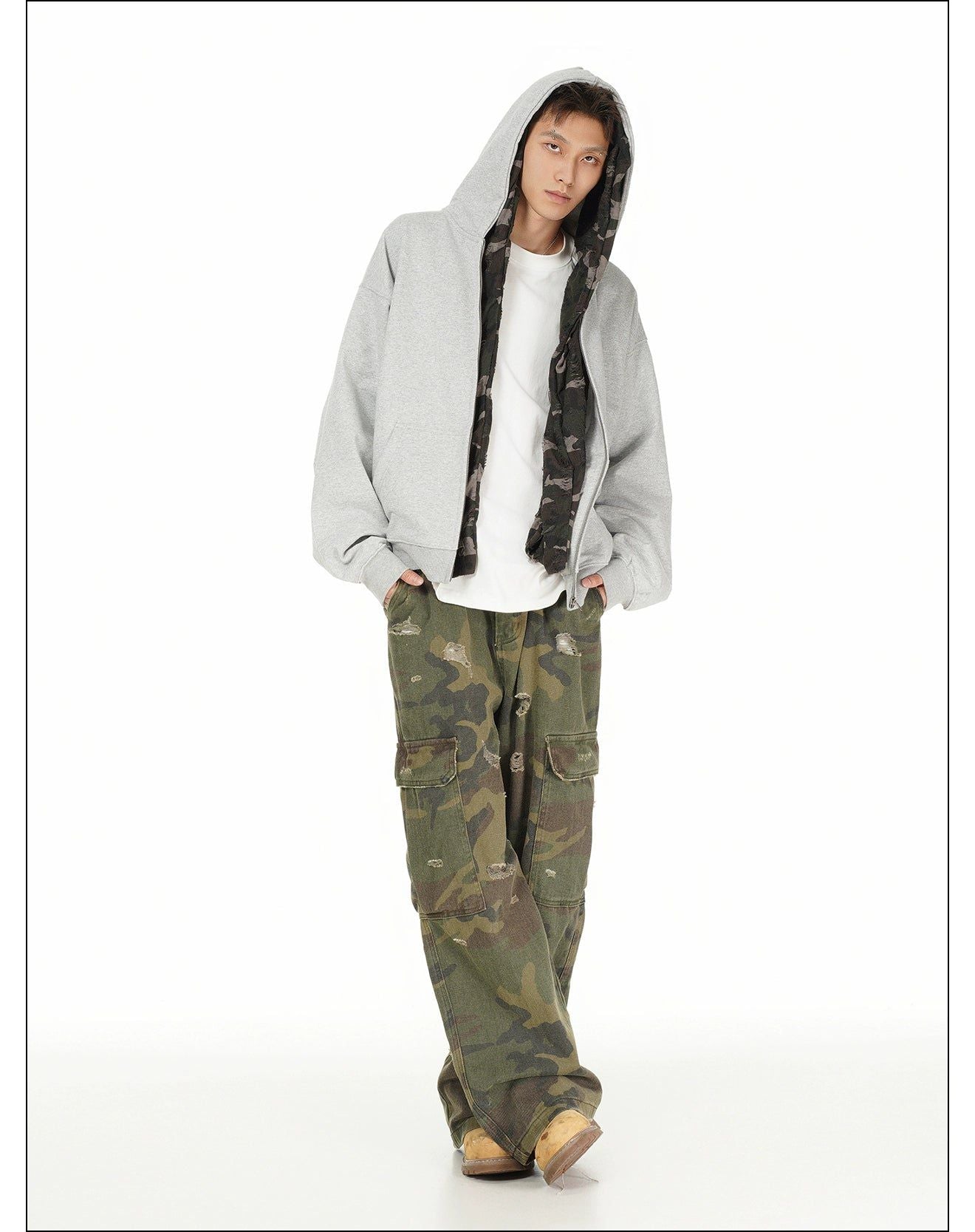 Camouflage Tie-Strap Zip-Up Hoodie