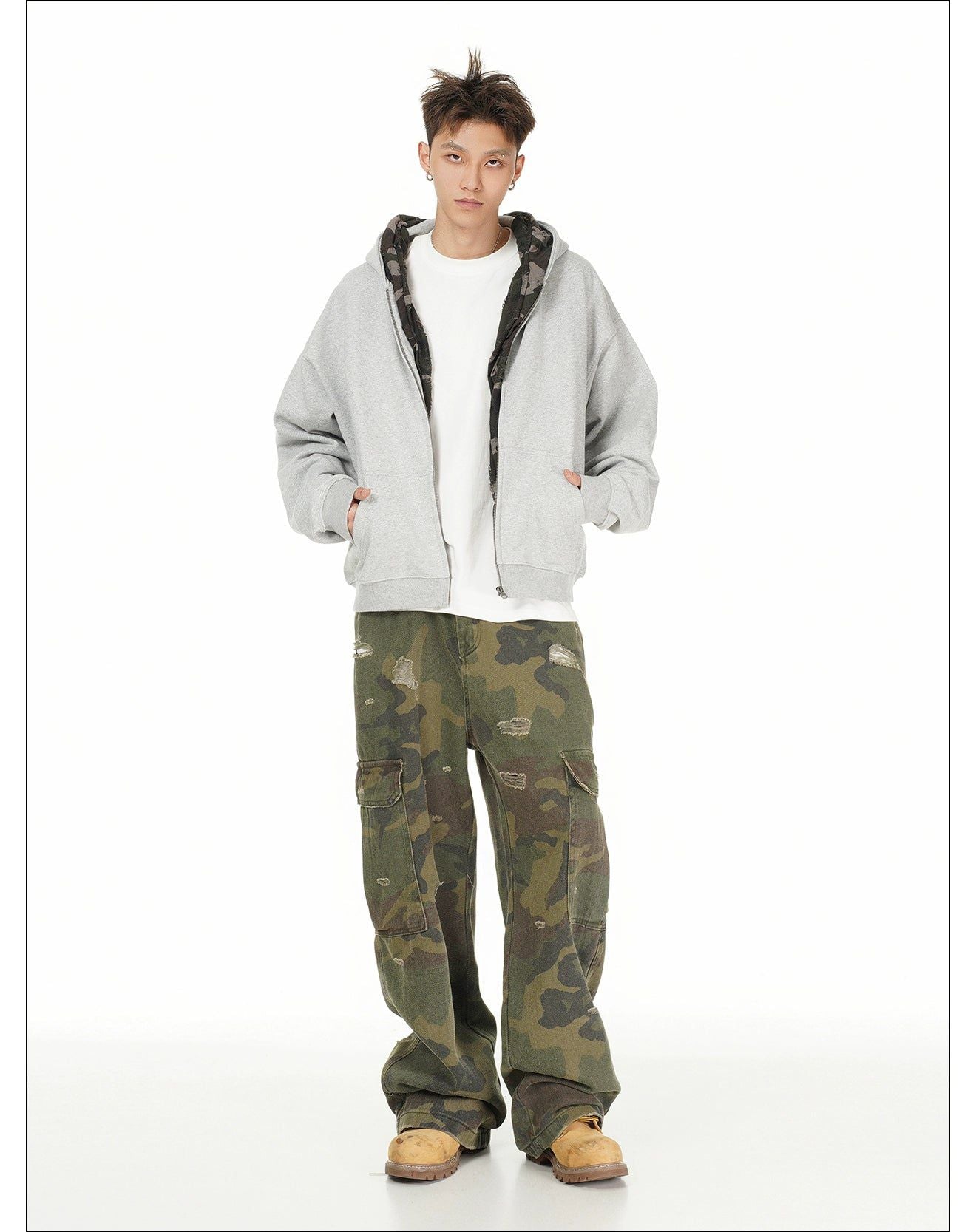 Camouflage Tie-Strap Zip-Up Hoodie