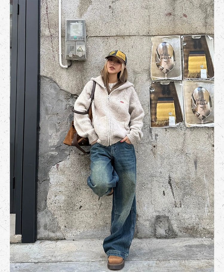 Embroidered Zip-Up Hooded Sweater