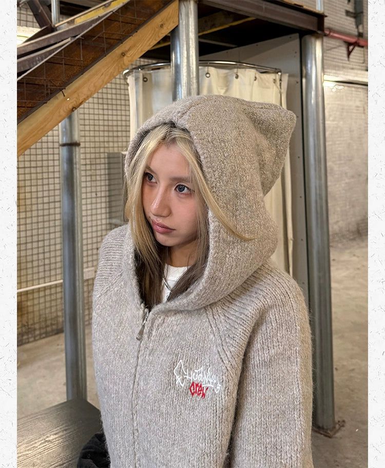 Embroidered Zip-Up Hooded Sweater