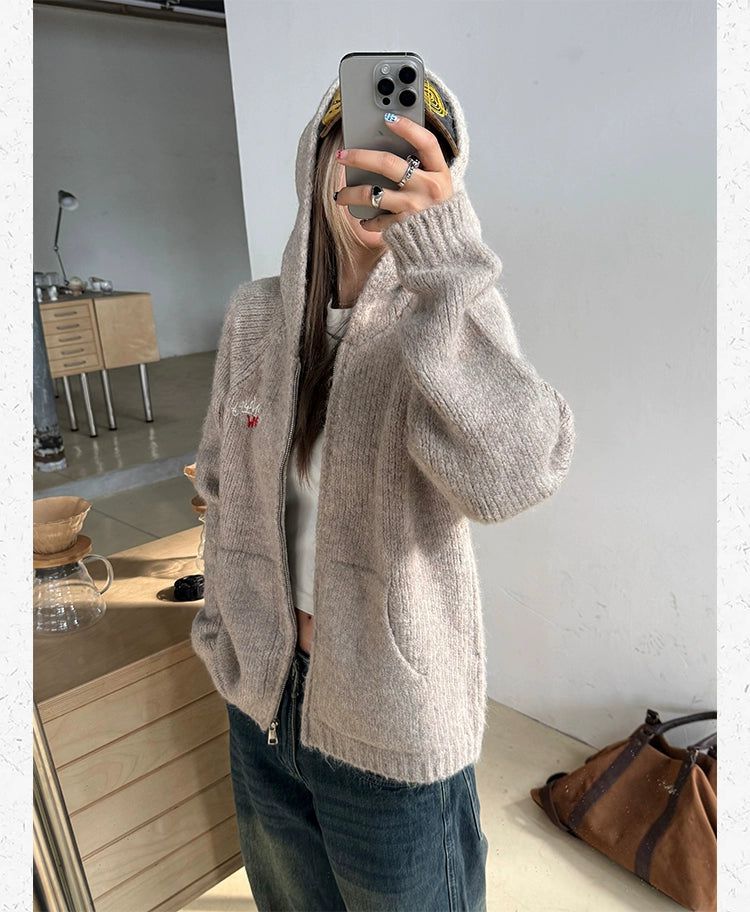 Embroidered Zip-Up Hooded Sweater