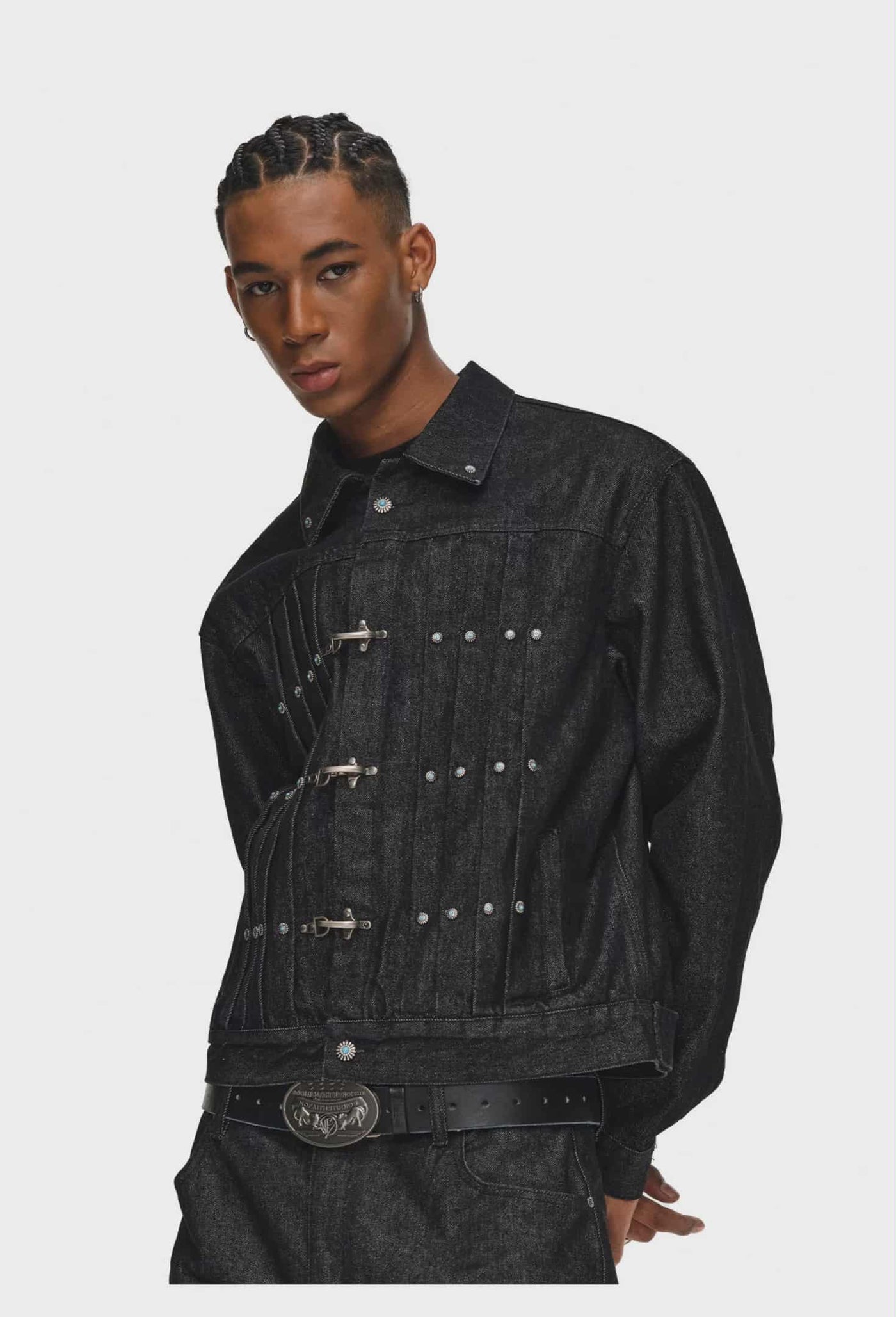Retro Color Pleated Fireman Clasp Denim Jacket