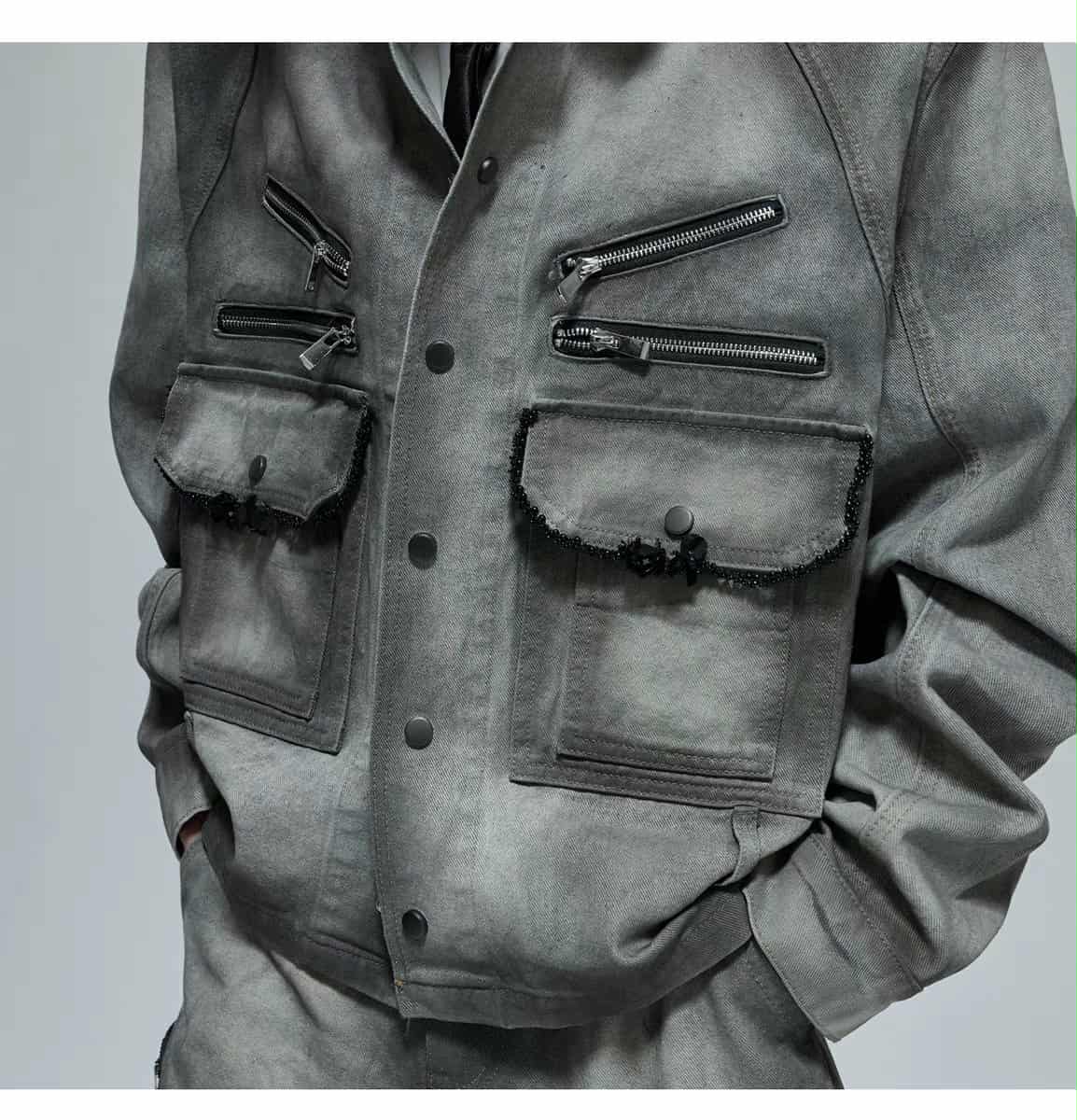 Multi-Zipped Contrast Faded Denim Jacket & Jeans Set