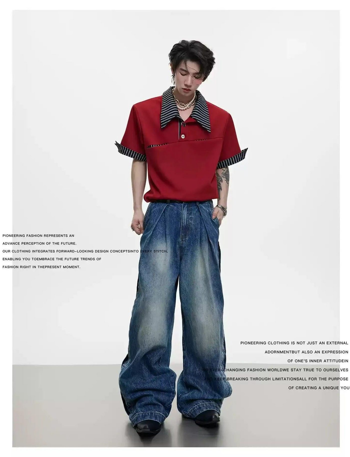 Double Pleated Washed Straight Jeans