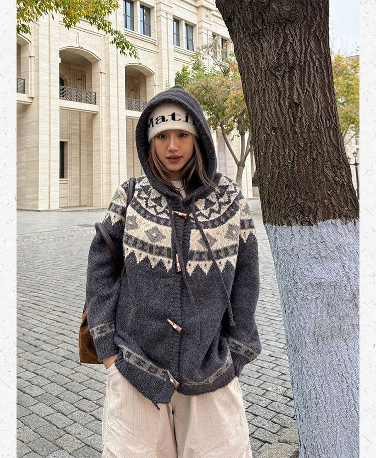 Fair Isle Horn Buttons Hooded Knit Jacket