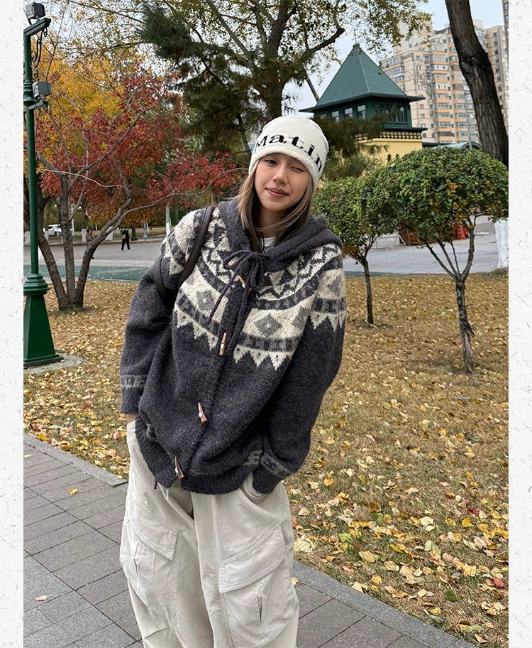 Fair Isle Horn Buttons Hooded Knit Jacket