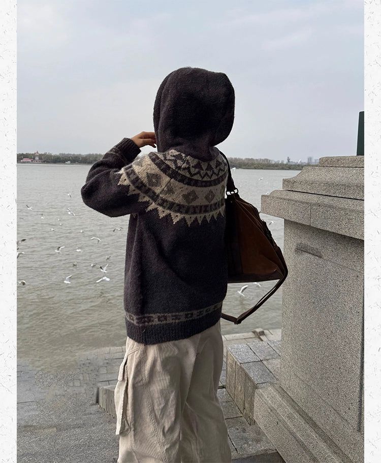 Fair Isle Horn Buttons Hooded Knit Jacket