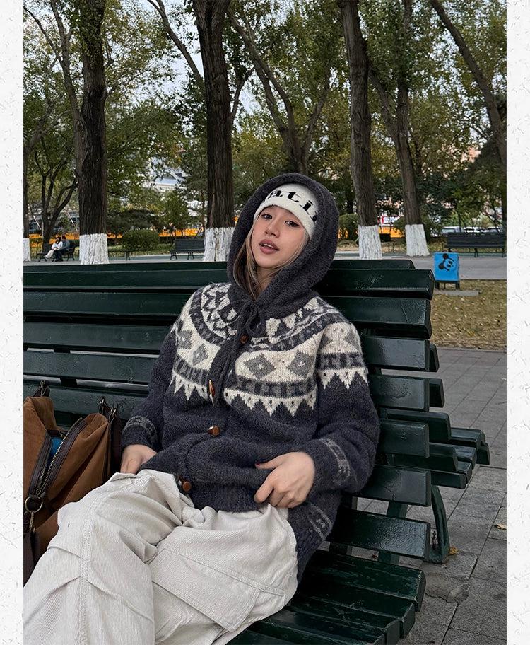 Fair Isle Horn Buttons Hooded Knit Jacket