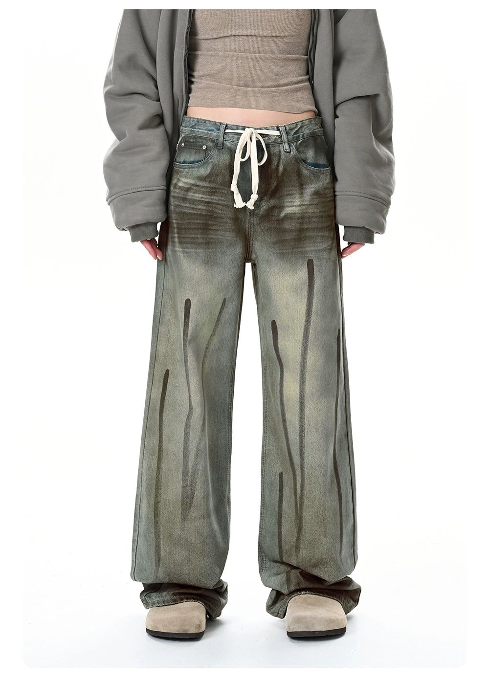 Hand-Painted Graffiti Drawstring Jeans